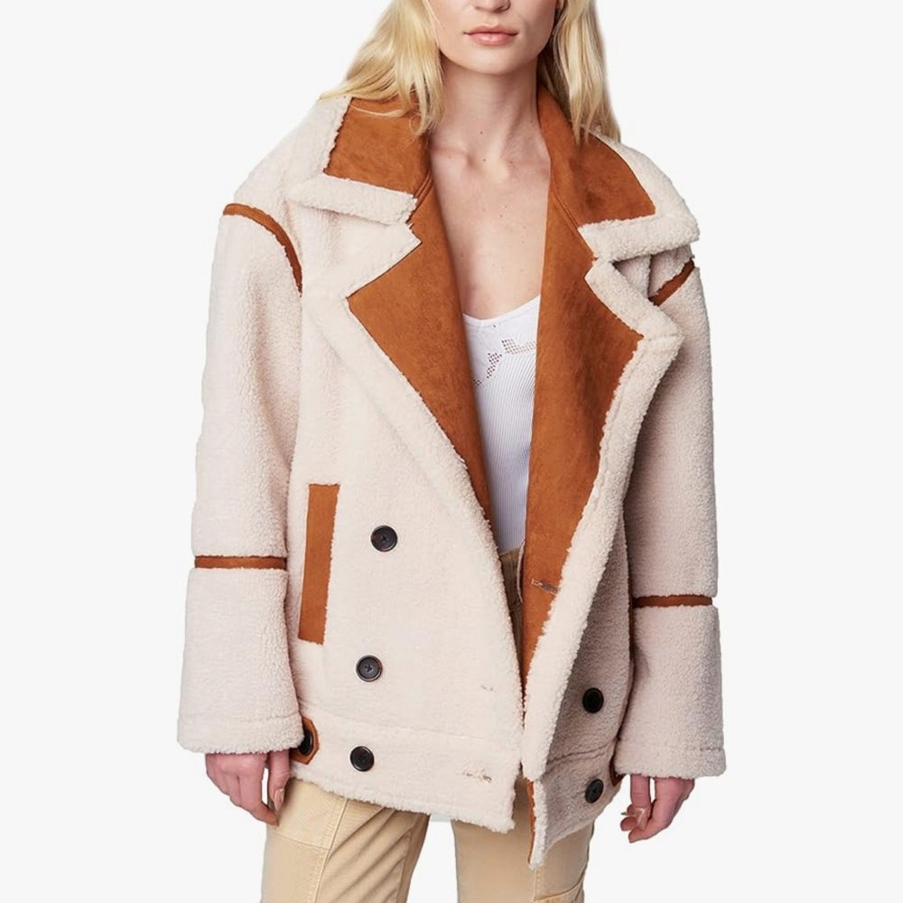 Blank NYC Pick Me Cream & Brown Faux Fur Sherpa Teddy Jacket Coat Sz Medium NWT